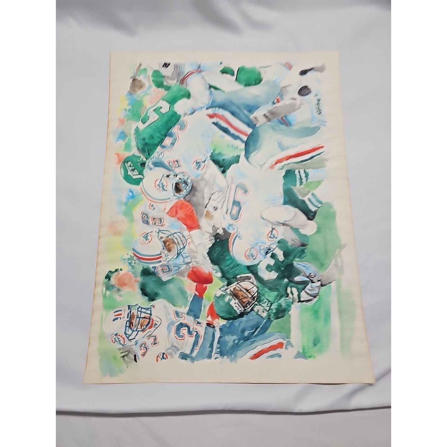1992 Miami Dolphins NY Jets Signed Watercolor NFL Sports Art 18×23
