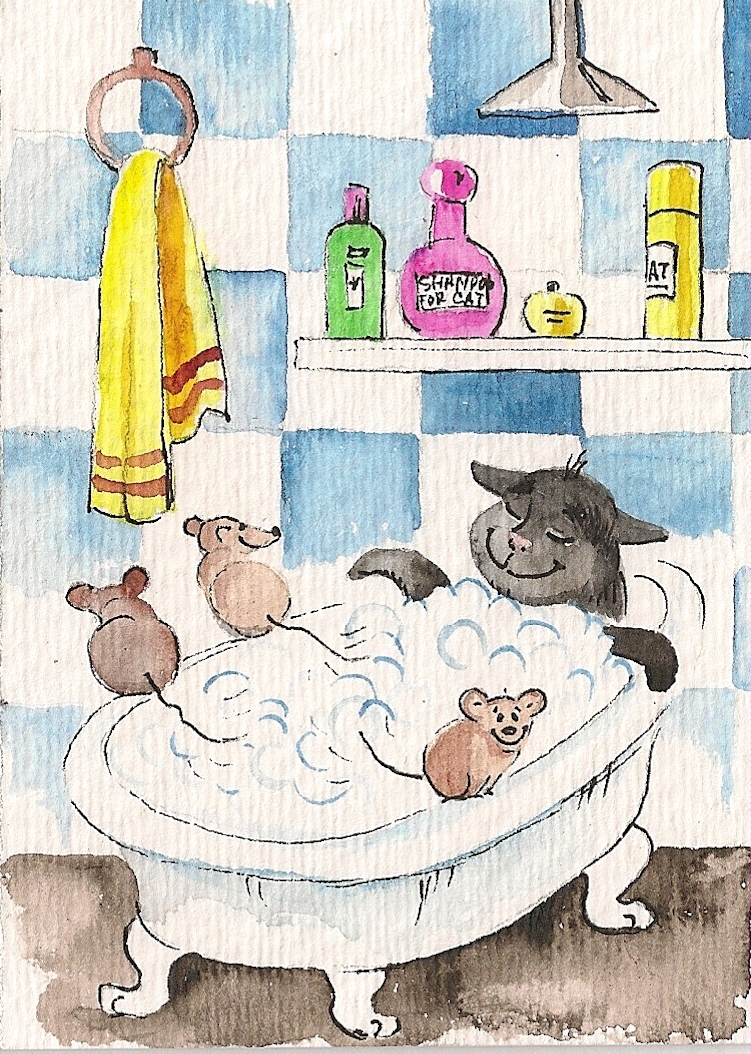 PRINT OF WATERCOLOR PAINTING ACEO FOLK ART RYTA BLACK CAT MOUSE BATH ART Humor