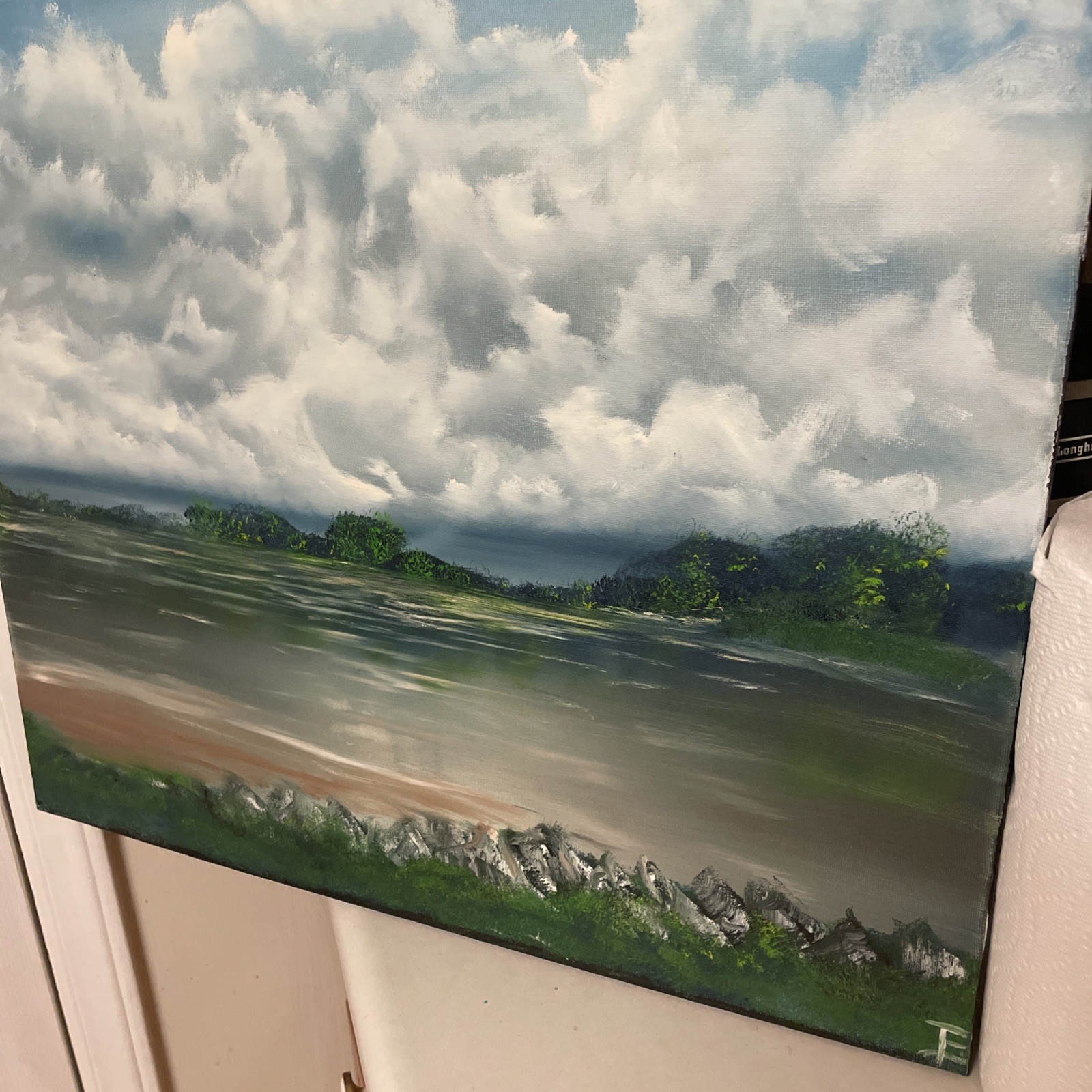 Oil Painting, impressionism, landscape, original, signed, Sky, blue clouds, Land