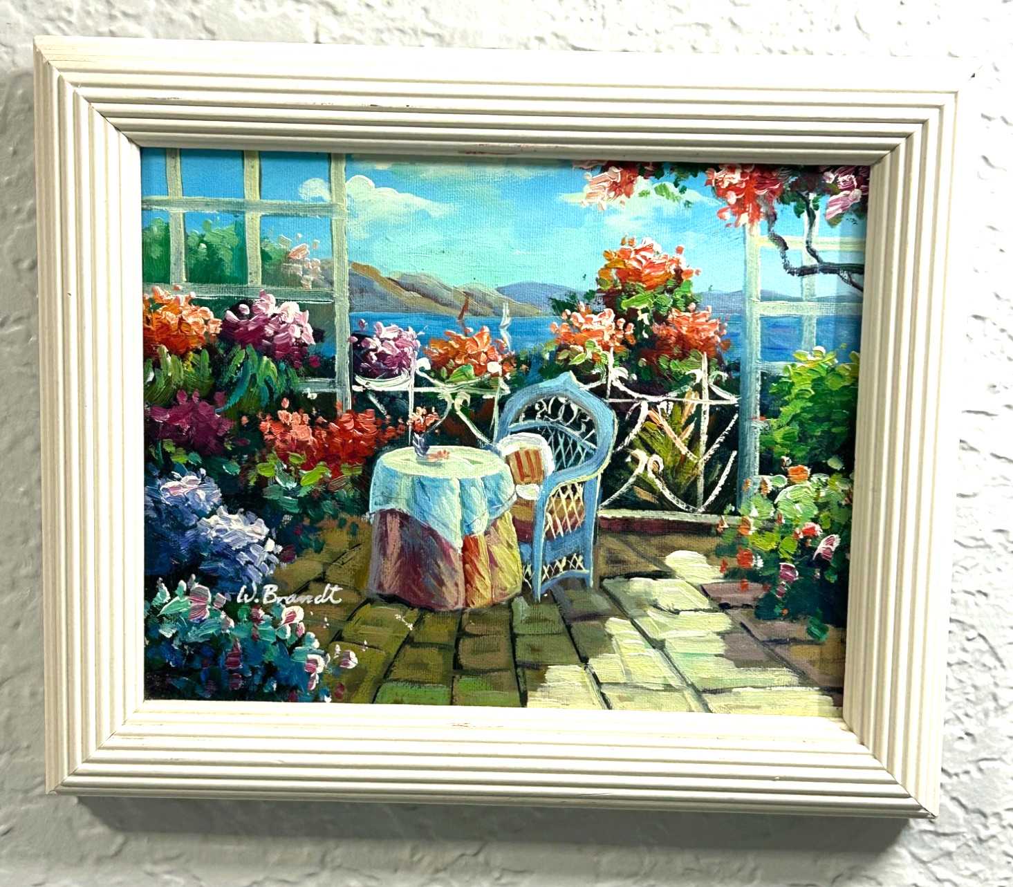 W. Brandt Original Oil Painted Outdoor Table Setting Overlooking the Sea.Framed