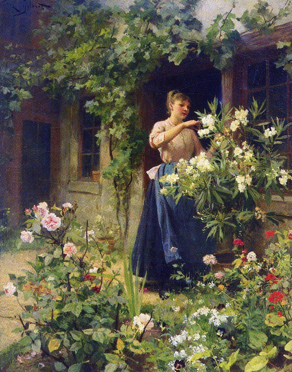 Oil painting young lady woman in landscape Gardening-Victor-Gabriel-Gilbert art