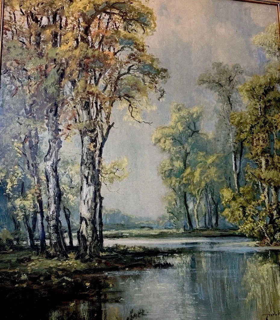 A.D. Greer Attributed Oil on Board Landscape “Solitude” Titled Gold Gilt Frame