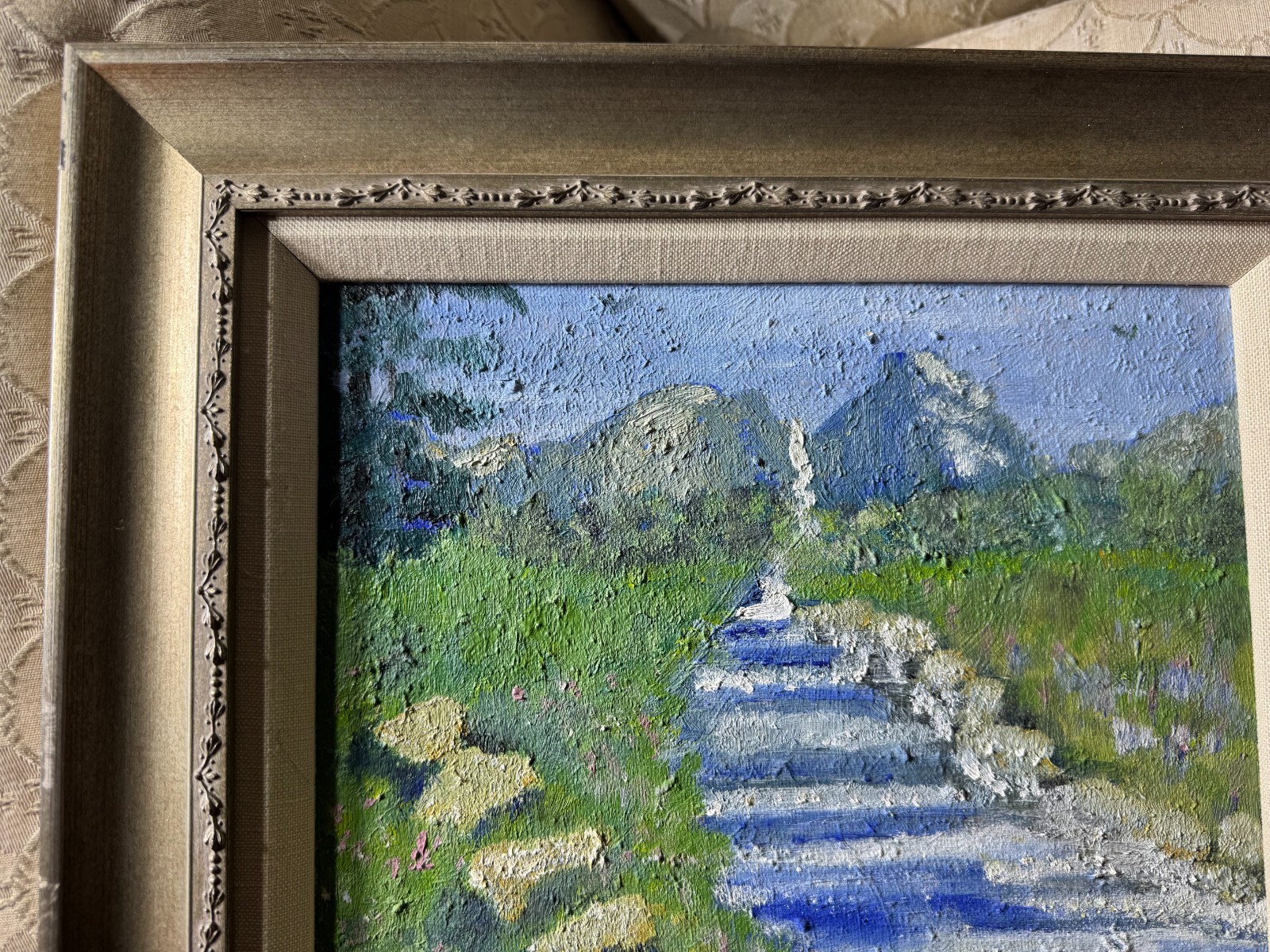 «Cascading River And Landscape Scene» Oil On Board Painting – Framed