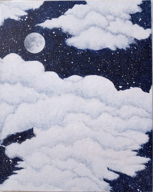 Clouds Landscape Folk Art Painting Abstract Night Sky Expressionism Cubism Moon