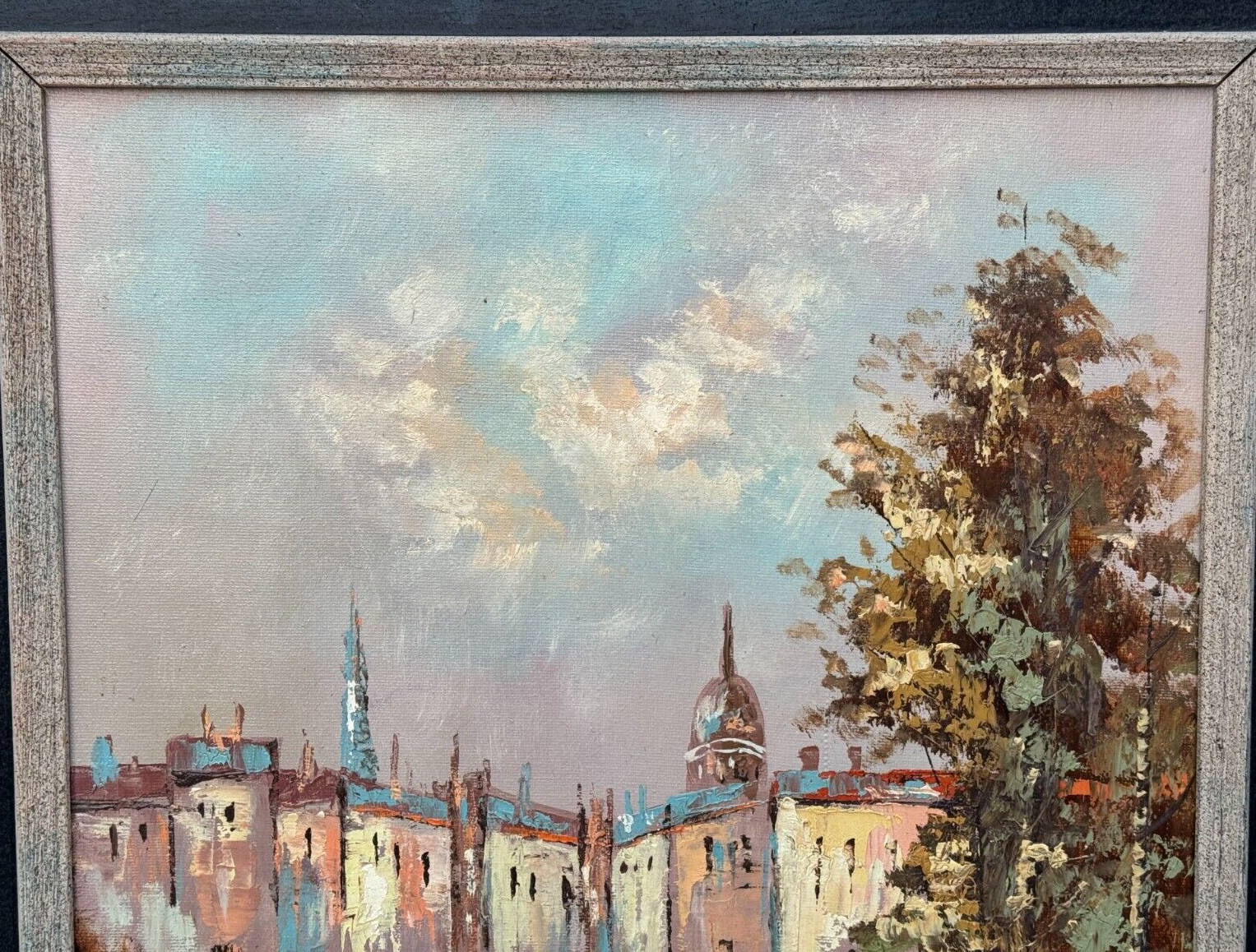 BLECK SIGNED PARIS FRANCE OIL PAINTING CITISCAPE RIVER SEINE WALKING FIGURES ART
