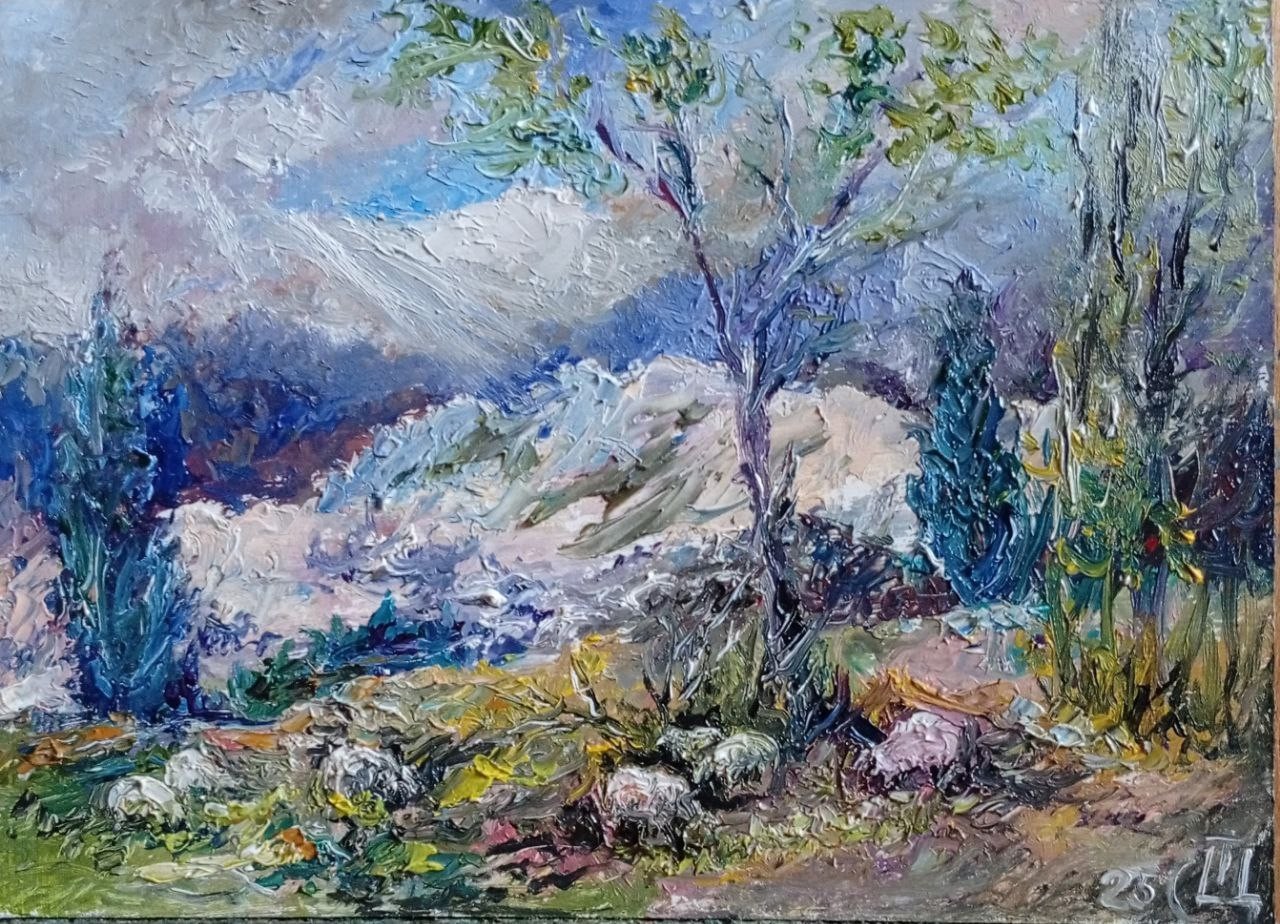 Painting «Grazing Sheep». Oil on hardboard. 5×7 inc. Handmade. 2026. Unframed.