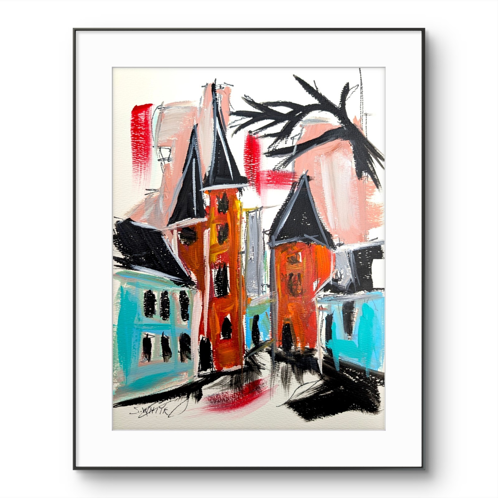 Abstract Cityscape Original Painting 9×12 Paper Art Architecture SWhite