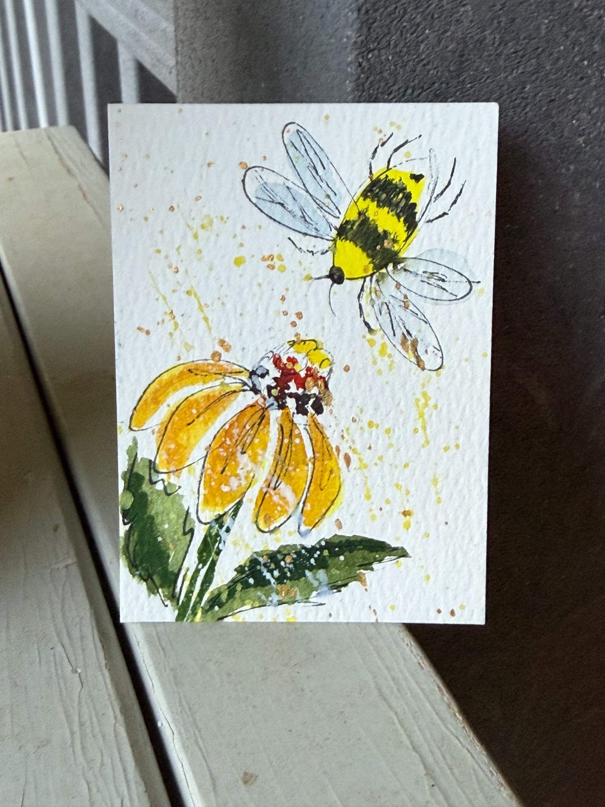 ACEO #34 Bee with Yellow Flower & Leaves. Artist Trading Card, 3.5×2.5