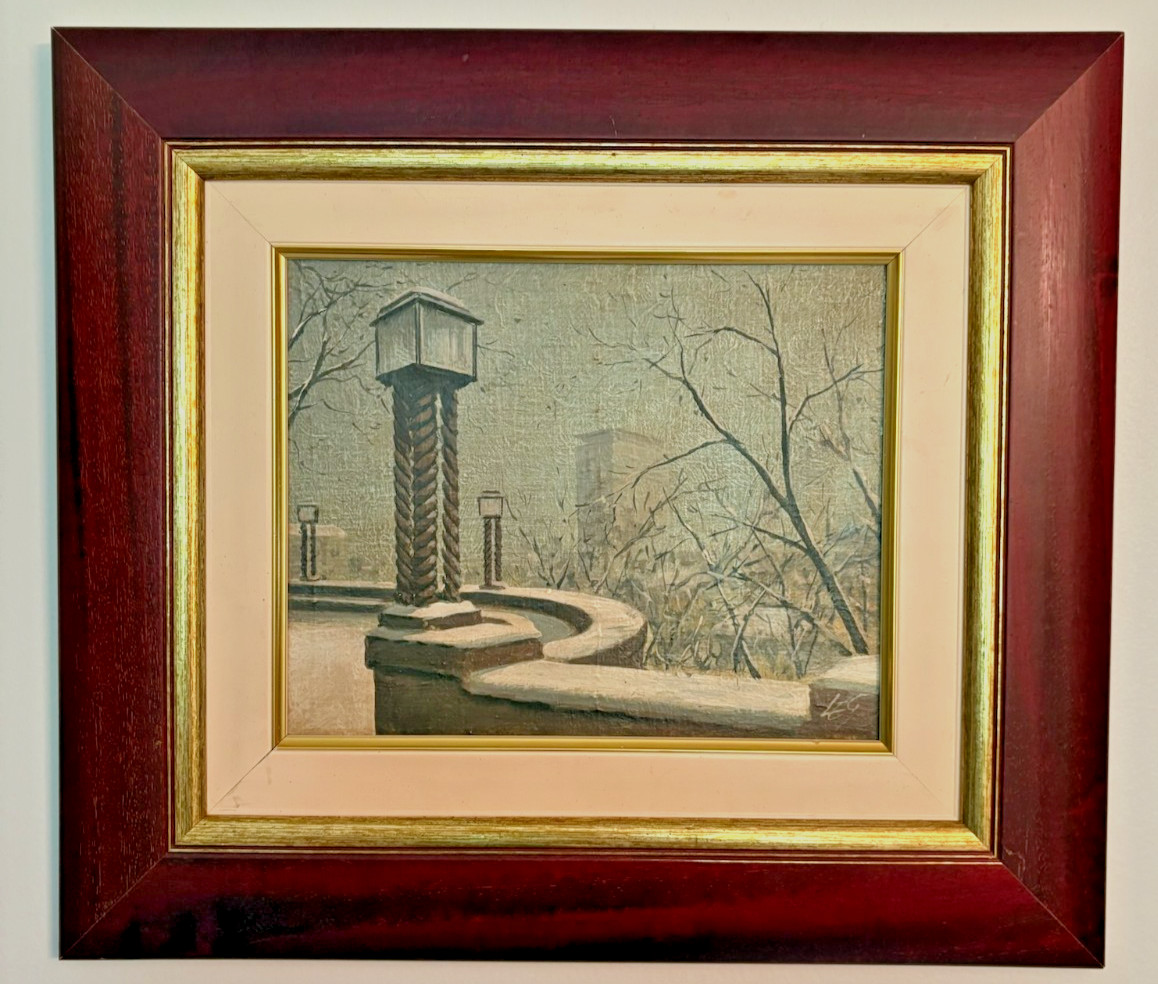 Winter City Day Scene With Snow Oil Painting Signed 17 W x 15 T Nice