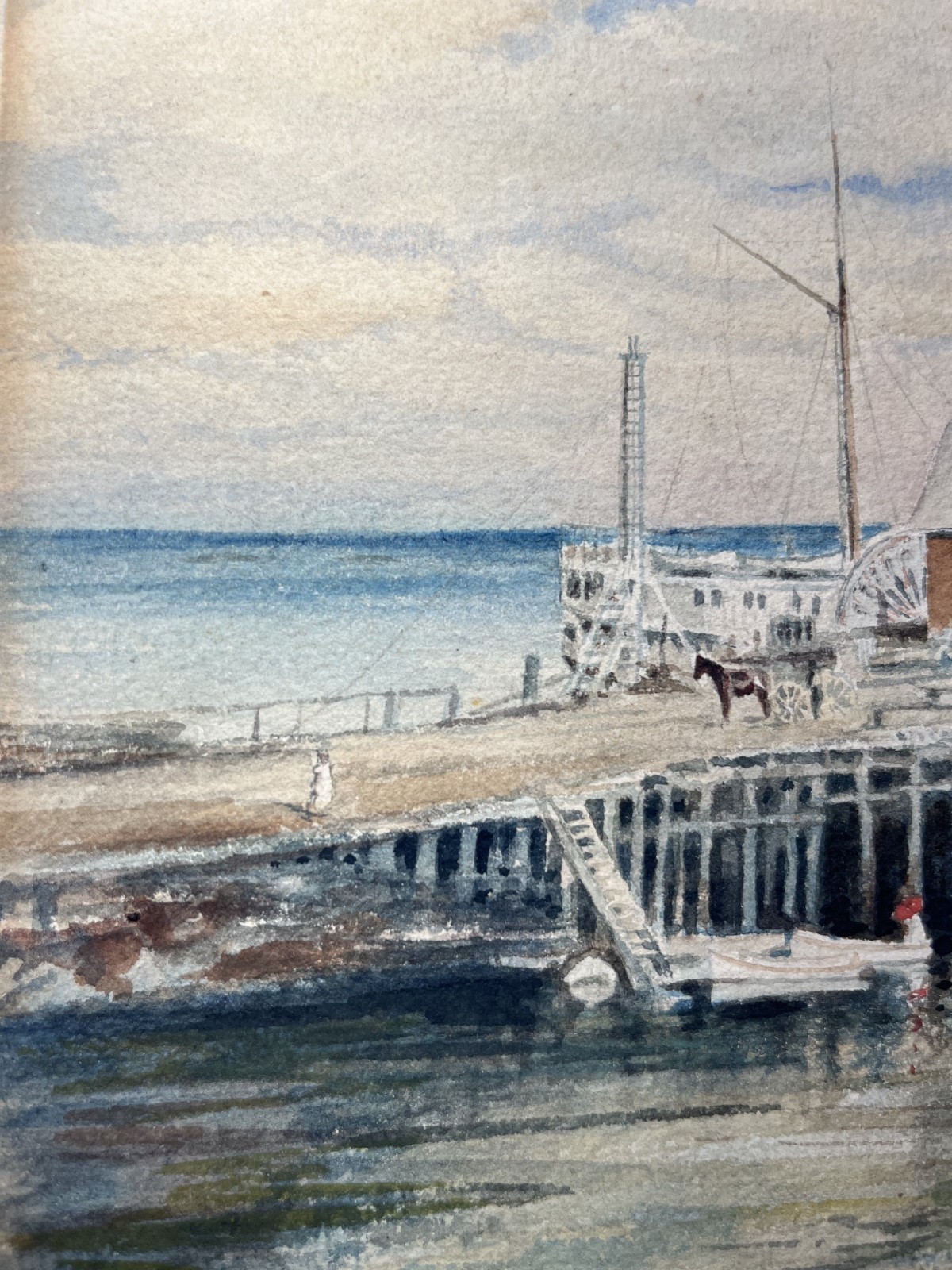 ALBERT GRAVES DATED 1891 MASSACHUSETTS HARBOR STEAMBOAT HORSES ANTIQUE PAINTING