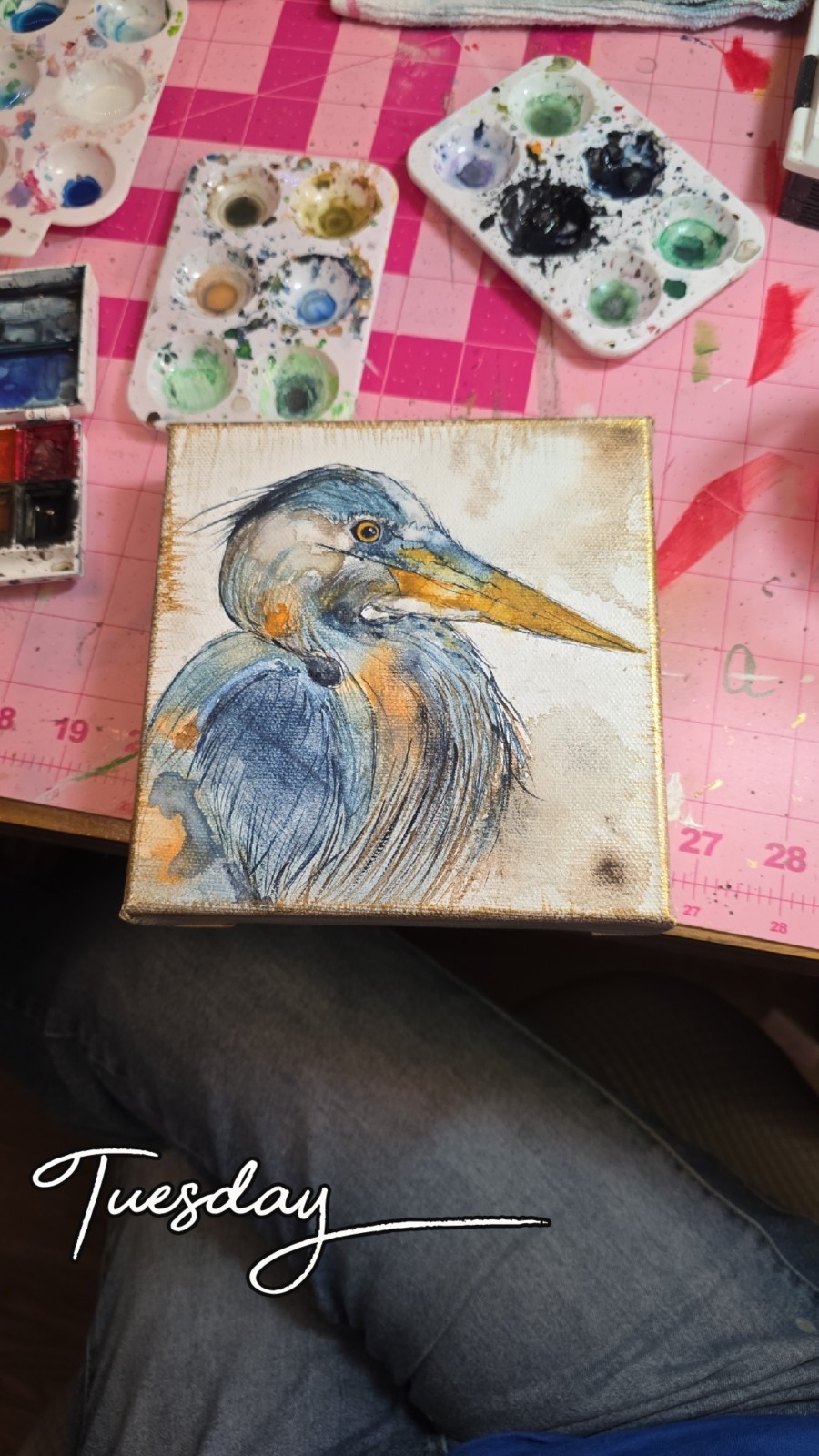 6×6 Original Impressionist Heron Painting Small watercolor on Canvas