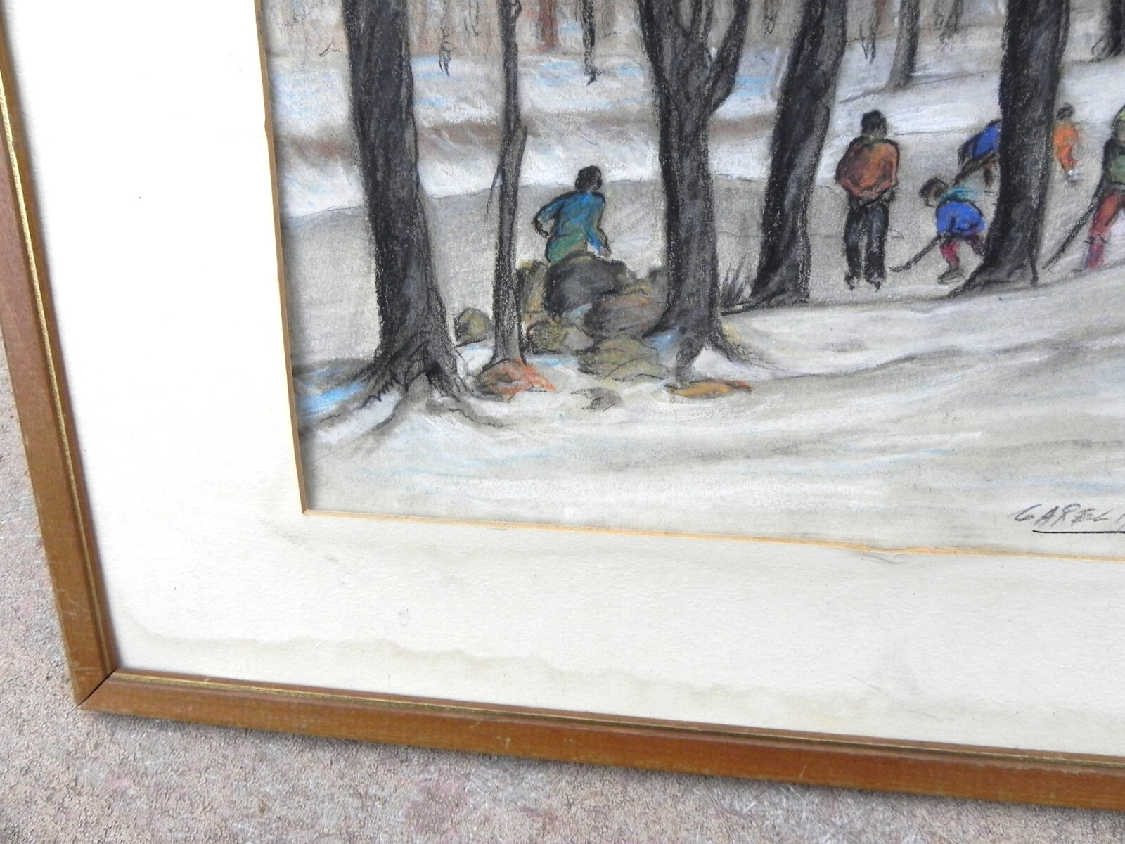 Pastel painting 1965 hockey players on the ice in a park setting signed Garelik