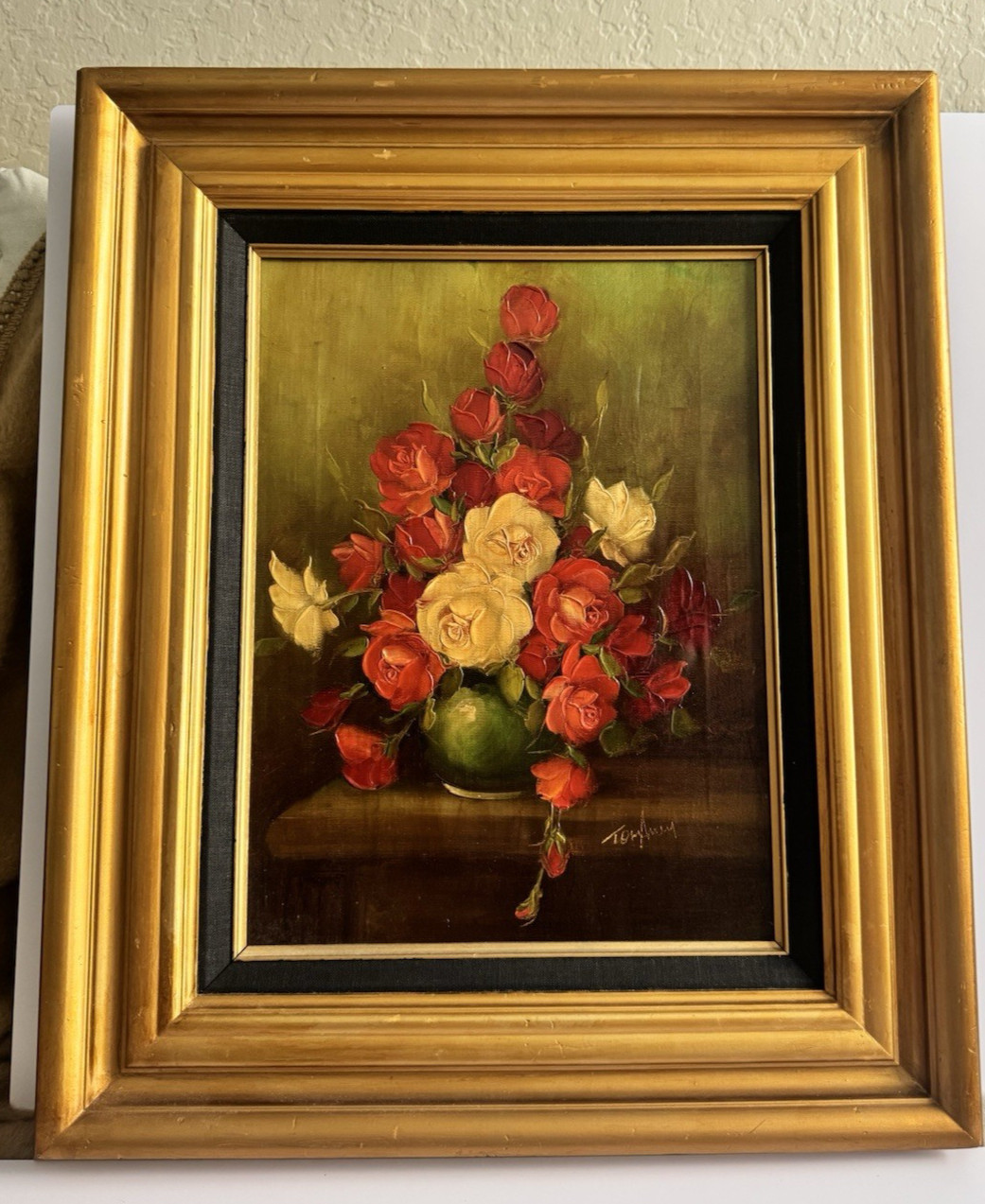 Still Life Floral Oil Painting Framed Beautiful Flowers in Vase Signed PRETTY!