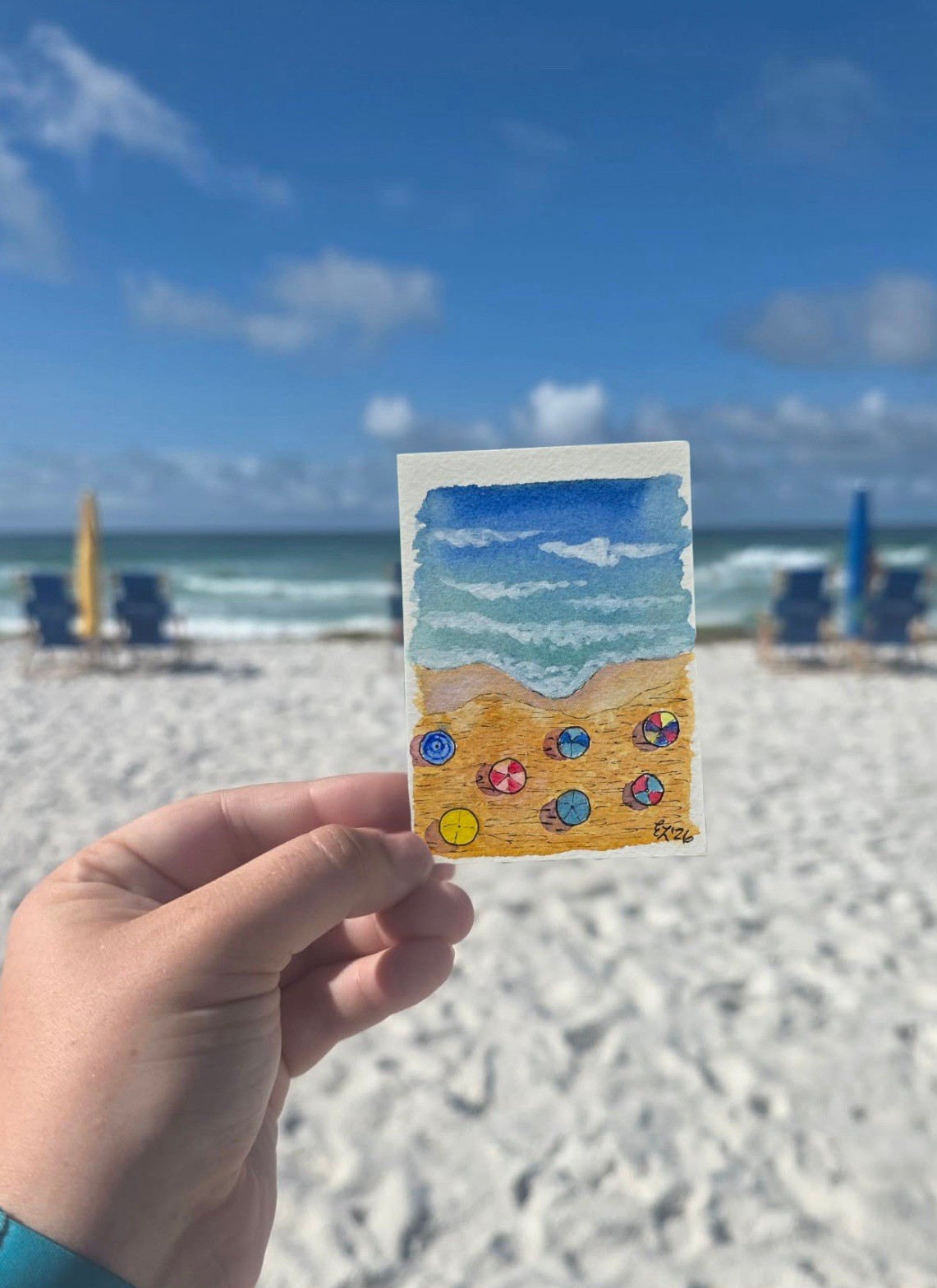 ACEO Original Watercolor Painting PRINT Beach Umbrellas by Emily