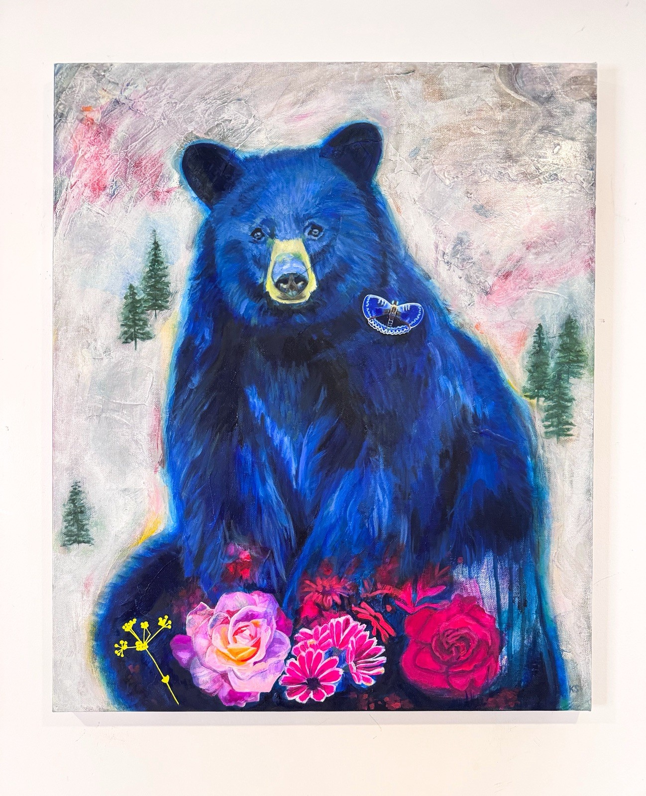 “The Silent Bear Of Indigo Bloom” Painting Original Art | 20”x24” | Blue Bear
