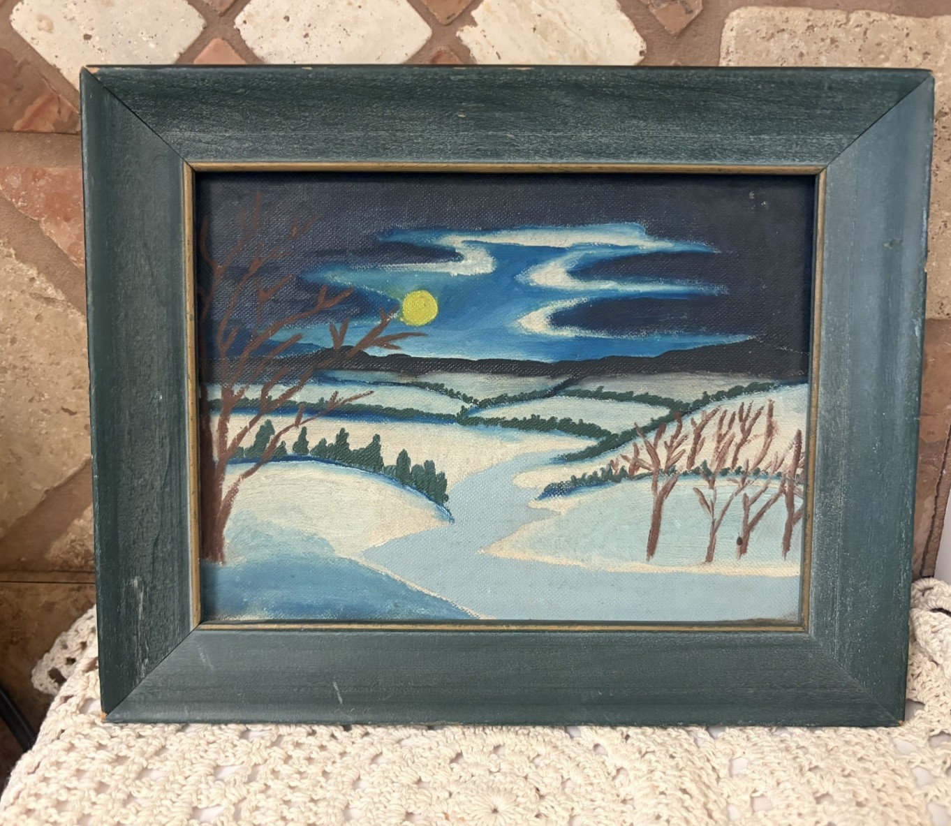 Vintage Mid Century Winter Landscape Oil Painting Folk Art Framed Expressionist