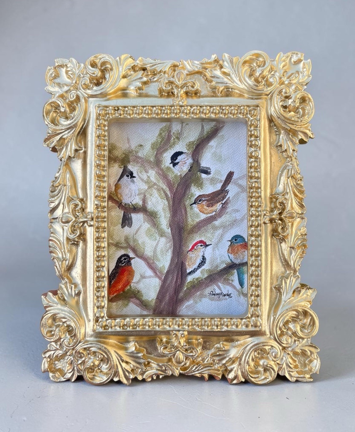 NEW «Backyard Birds» mini watercolor bird print in vintage style ornate frame
