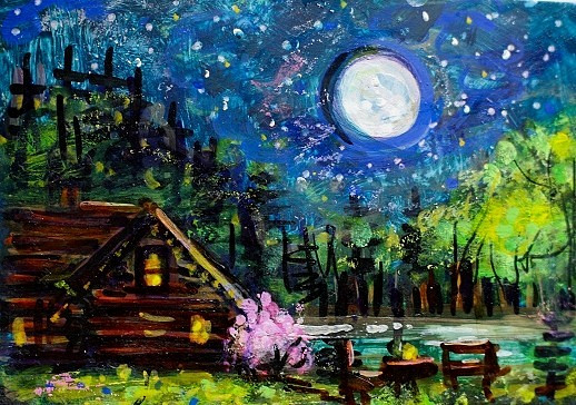 ACEO Original PAINTING Spring TREE Night Sky Moon CABIN Nature Landscape ATC ART