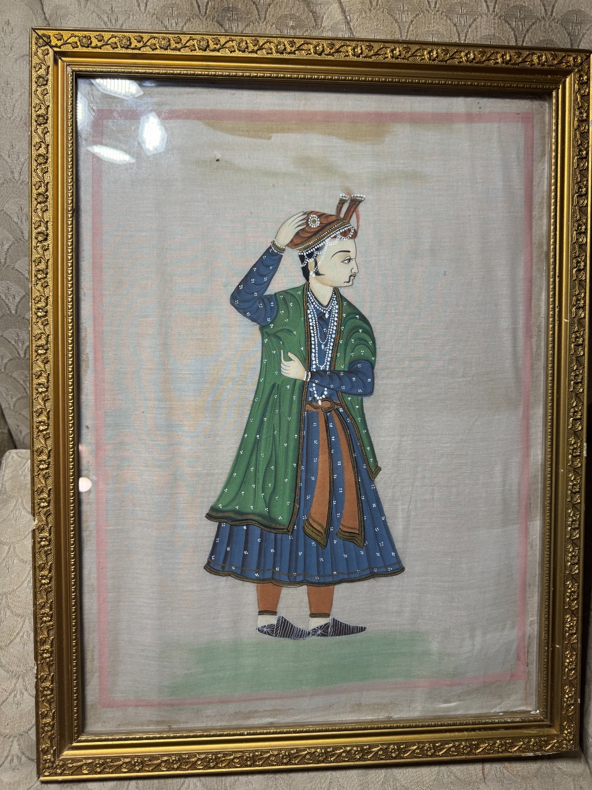 Vintage Indian Mughal Painting «A Nobleman Scene» – Framed