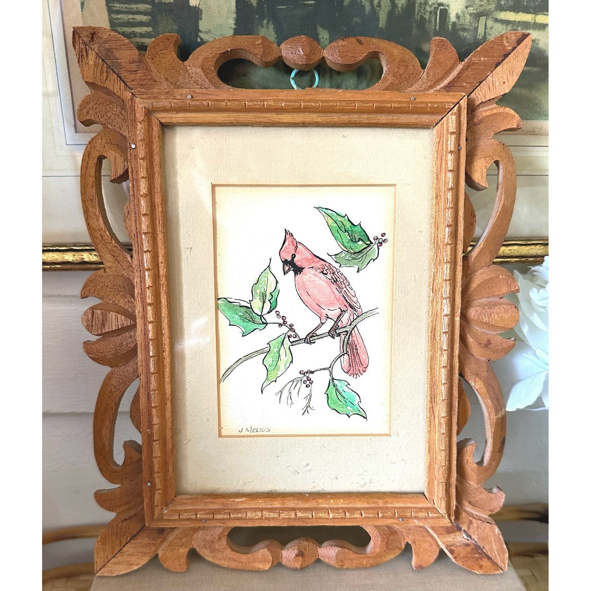 Vintage Red Cardinal Bird Perched On Branch Painting Signed J. Melius Framed