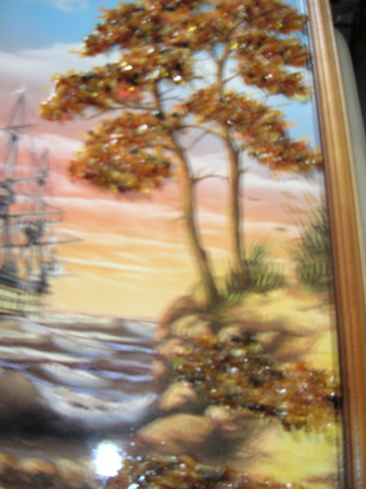 13 «x 9 1/2» Painting. Sea Theme. Decorated with Natural Baltic Amber. Lacquered
