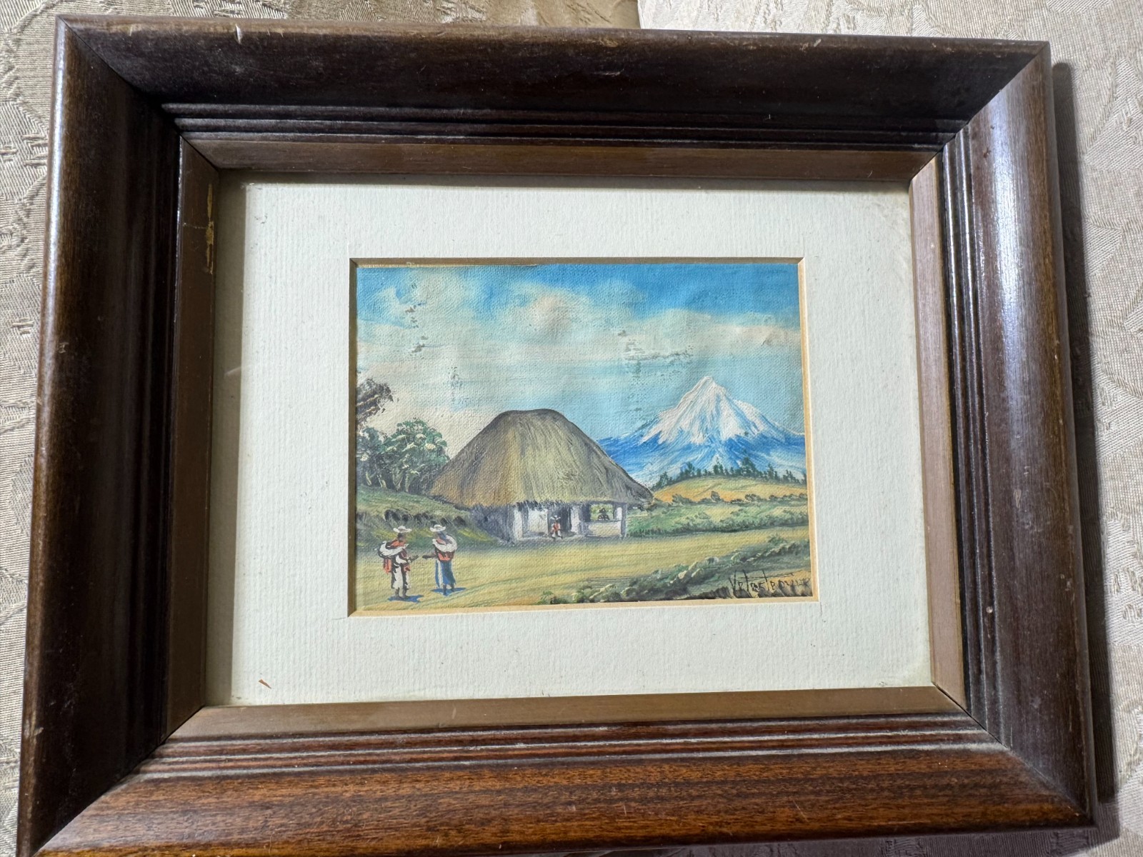 «Peruvian Landscape With Figures And Homes» Watercolor Painting – Signed/Framed