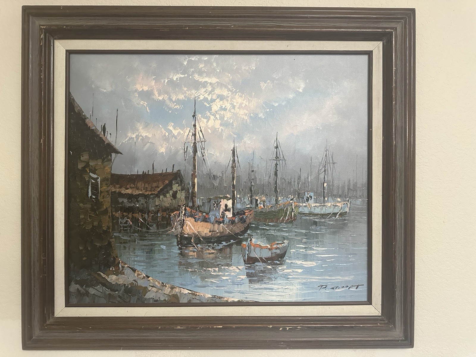 Vintage Paolo Stirrat Oil Painting of Fishing Boats Dock Harbor Nautical, Signed
