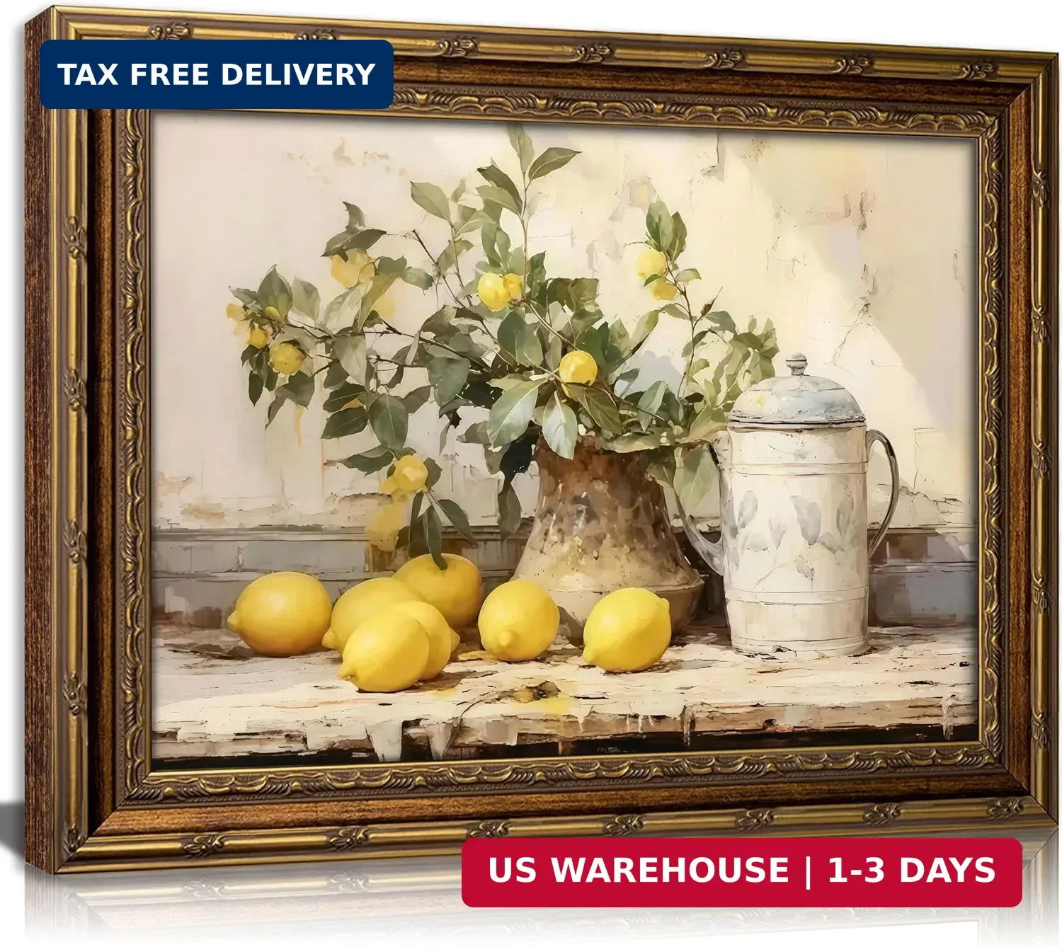 Vintage Gold Framed Canvas Wall Art Farmhouse Rustic Lemon Kitchen Painting Pict