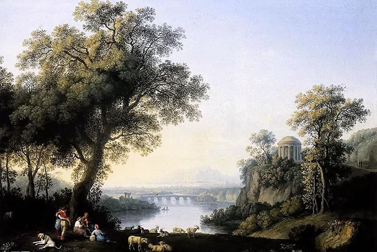 Oil painting jacob philipp hackert – landscape with river shepherdess & sheep
