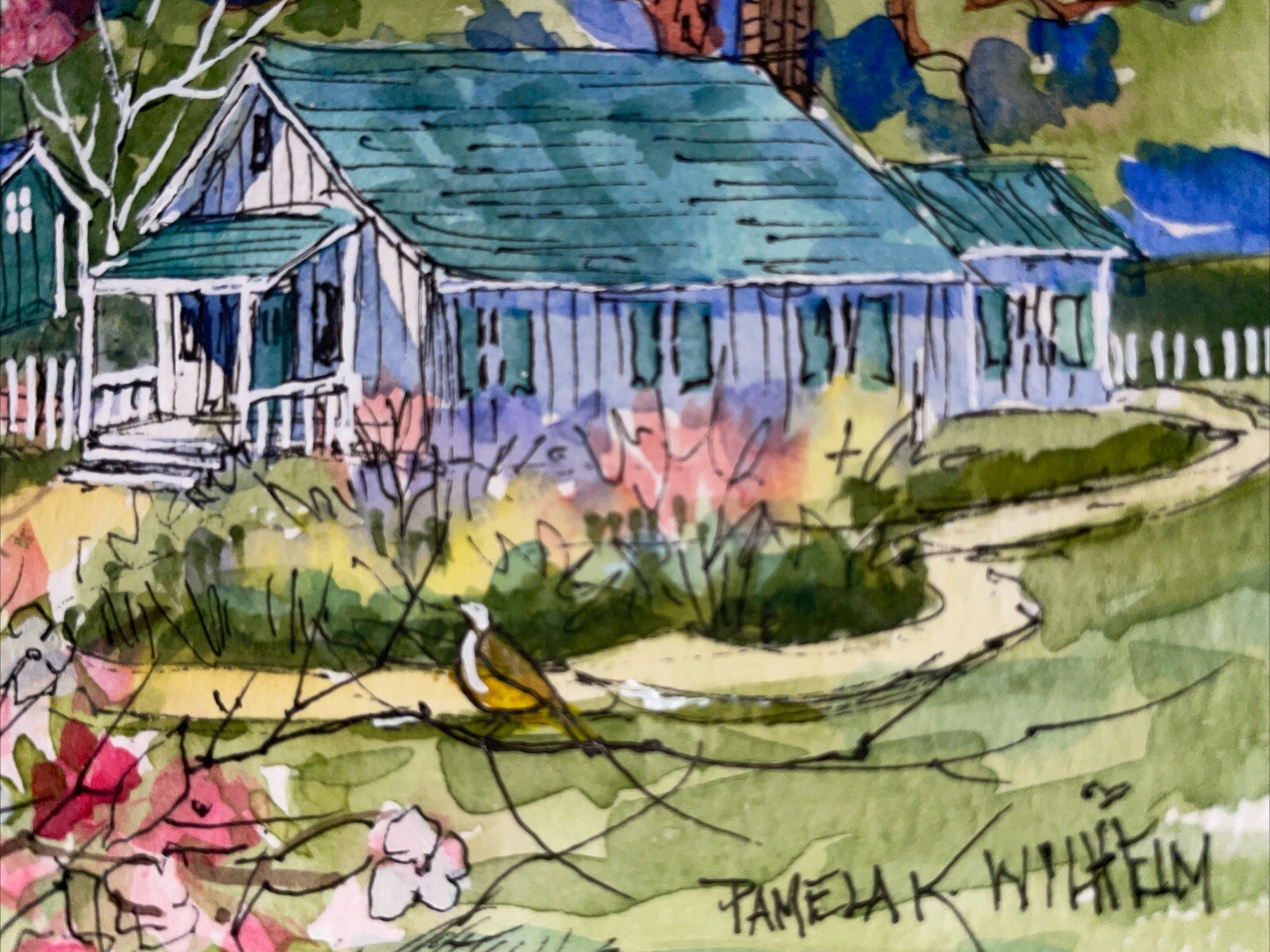 Pamela Wilhelm original 5”X7” Cherry Blossoms Green Cottage Blue Roofs Garden