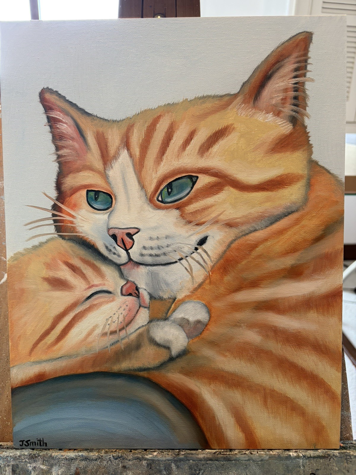 Original oil painting 11 x 14 inches orange tabby cat snuggling baby kitten