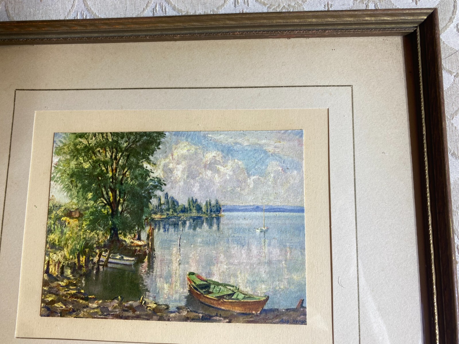 August Herzog (1885 – 1959) «Lakeside Scene» Oil Painting – Signed/Framed