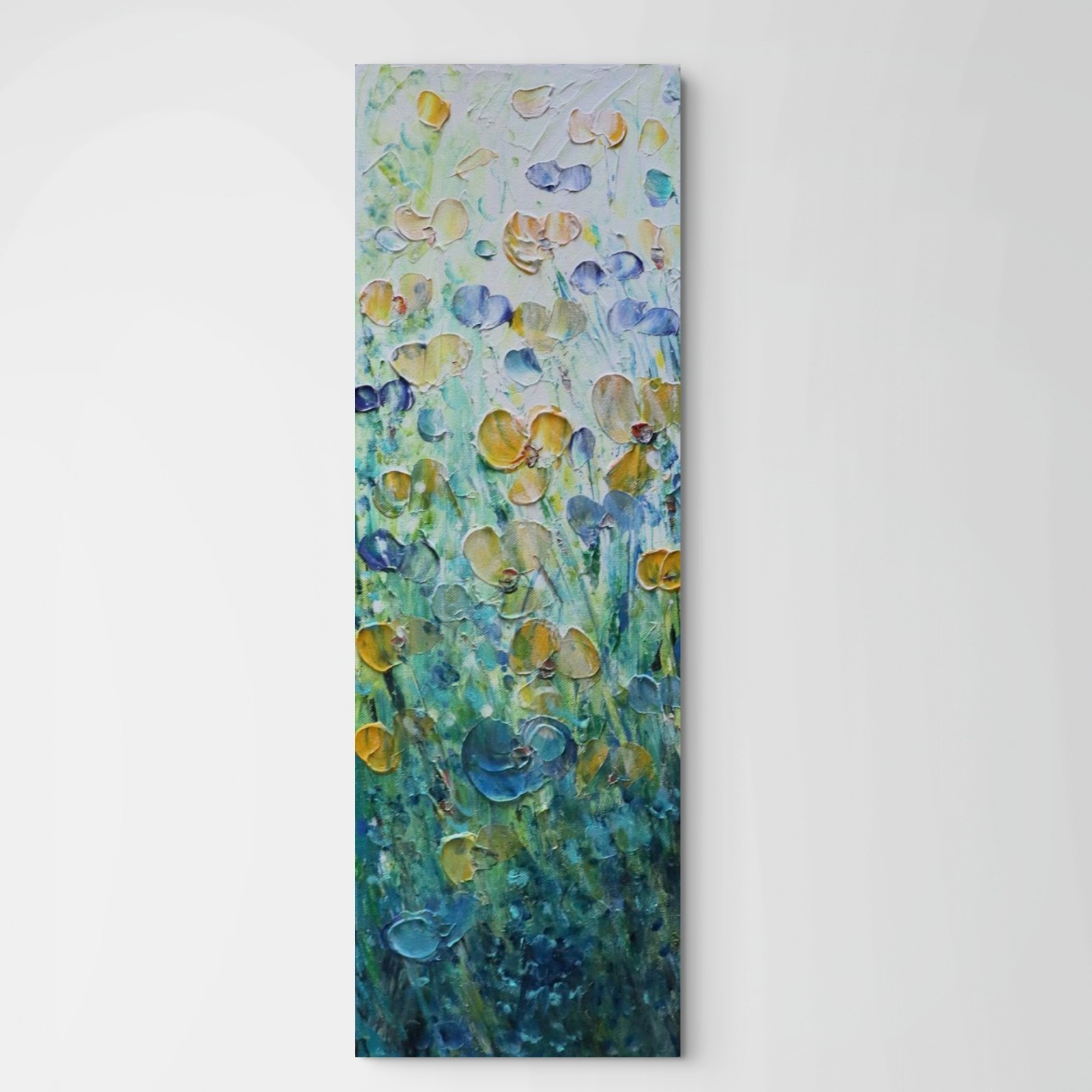 Original Textured Wildflower Painting 8×24 Floral Canvas Art Blue Yellow Flowers