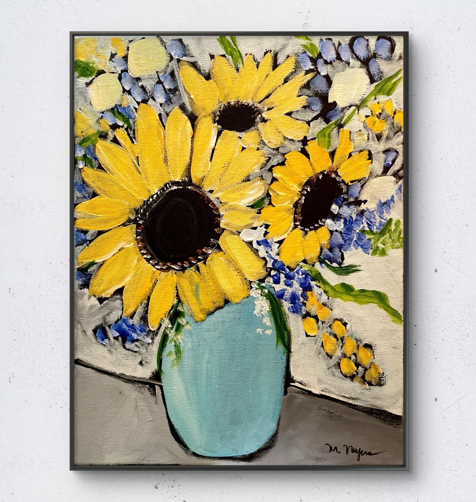 Mary Myers Original Sunflowers Blue Vase 11×14 Acrylic Signed Expressionist Flor