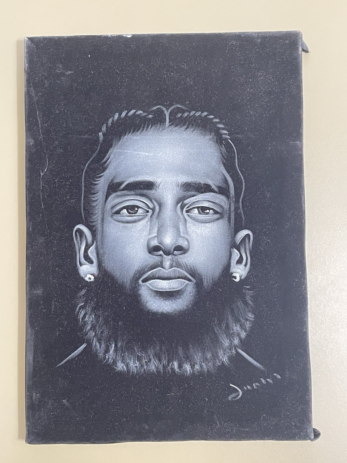 Nipsey Hussle portrait, size 16″x11″, hand-painted oil on black velvet