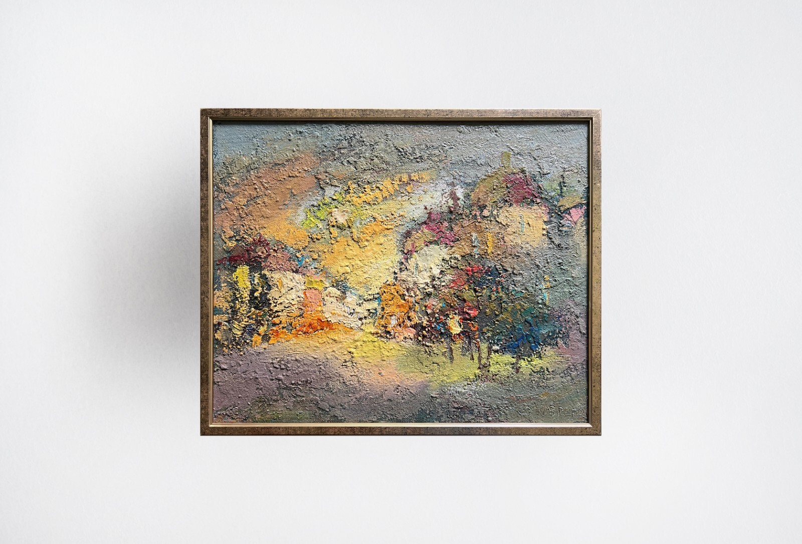 Abstract Oil painting City Ukrainian painter fiberboard Frame original cityscape