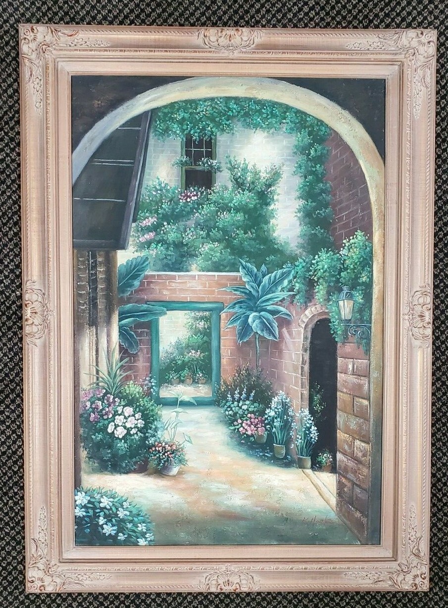 Colorful Patio Hand Painted Original Oil Painting by Regan bold texture Vase