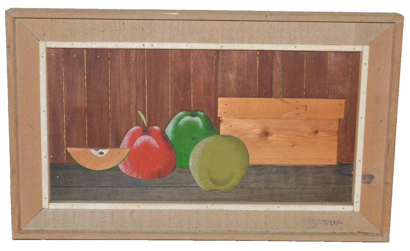 SIGNED Theodore Degroot Lath Art Wood Mosaic Folk Still Life Painting Fruit