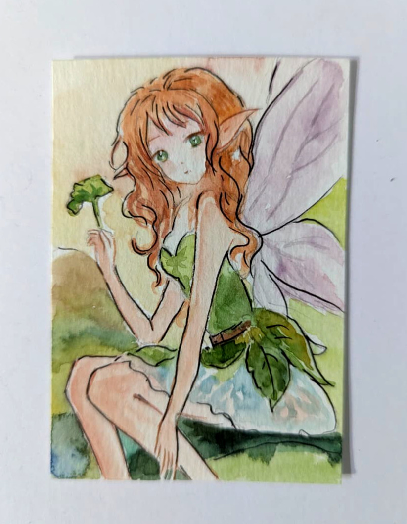 ACEO Original Watercolor Painting OOAK Autumn Fairy Leaf Dress Fantasy Art Anime