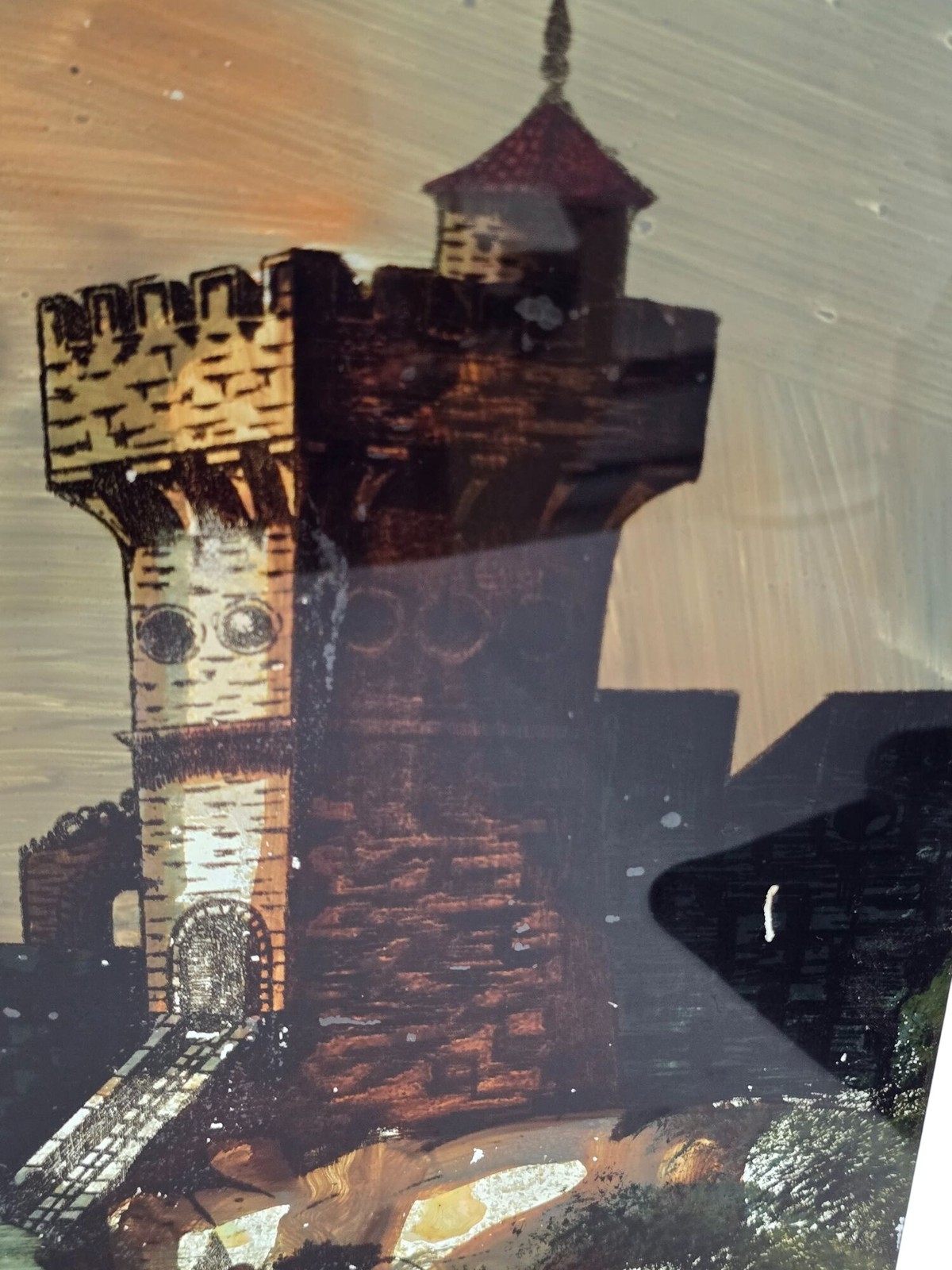 Vintage Castle Tower Reverse Oil Painting on Glass in Wood Frame