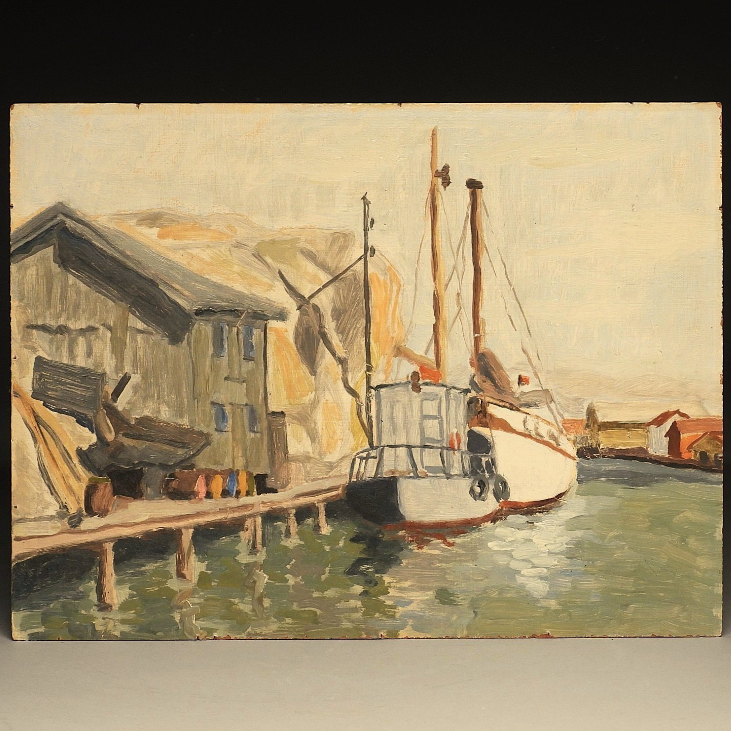 C.1920’s Scandinavian Impressionist Plein Air Sailboat at Dock Oil Painting