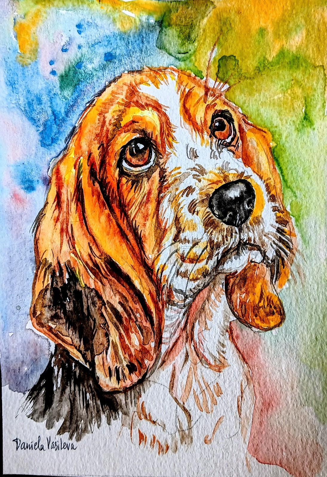 Basset Hound portrait,pet lover best gift, Original dog art painting 5×7″
