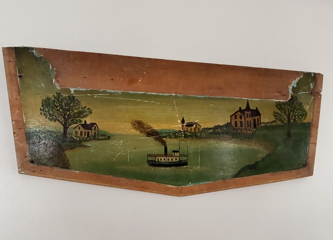American Antique Oil on Board Folk Art Painting Steamship Harbor 19th Century