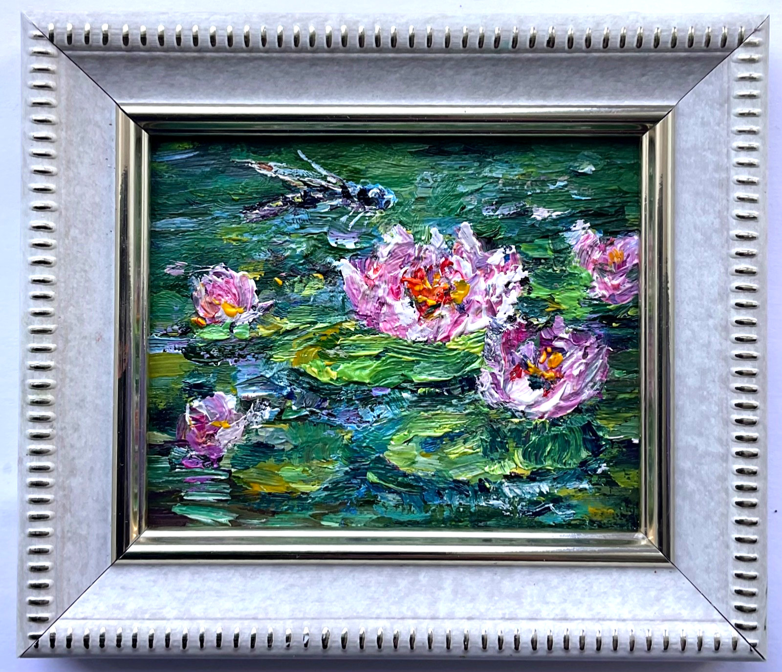 Water Lilies Dragonfly Оriginal Oil Painting Landscape Lotus mini art 3×2.5in