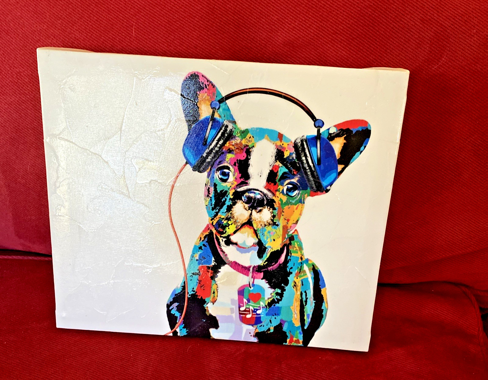 Dog Beats II French Bulldog or Boston Terrier with headphones wall art 12×10″