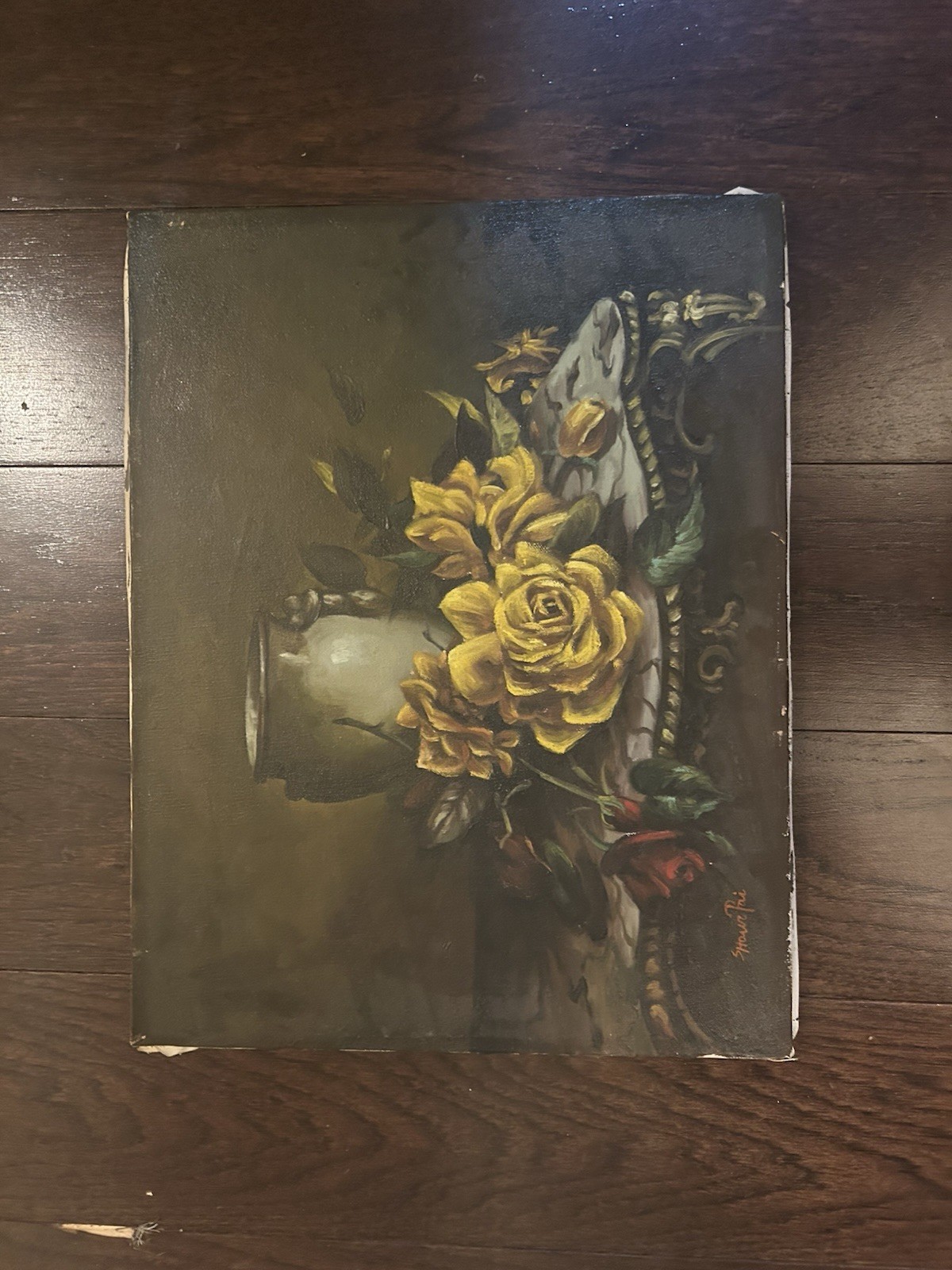 Still Life Original Painting Including A Rose, Yellow Flowers, And A White Vase.