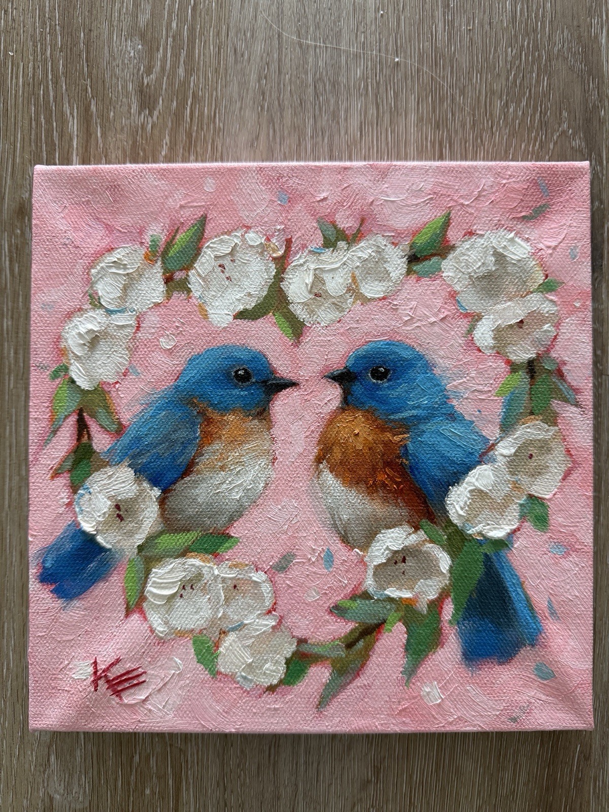 Blue Birds bird Original Painting On Panel 8 X 8 In Valentines Krista Eaton