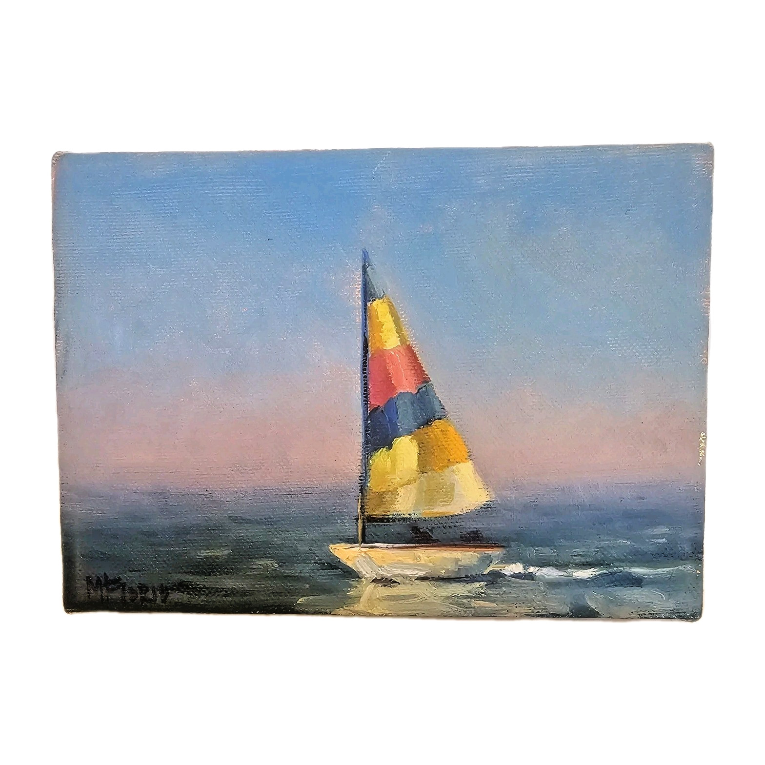 Signed Original Painting Sailboat Seascape on Canvas Wall Art 5″ X 7″