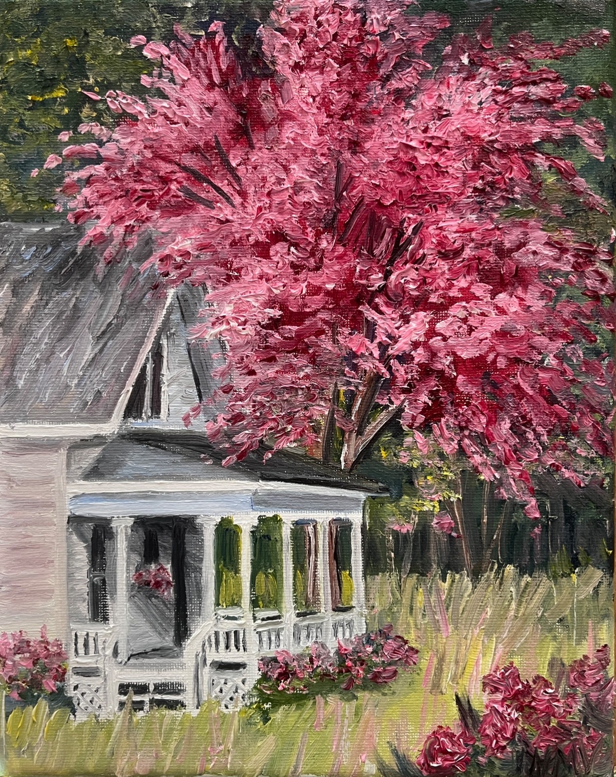 SPRING PORCH Original Oil Landscape Painting Wall Art 8X10 APPLE BLOSSOMS PINK
