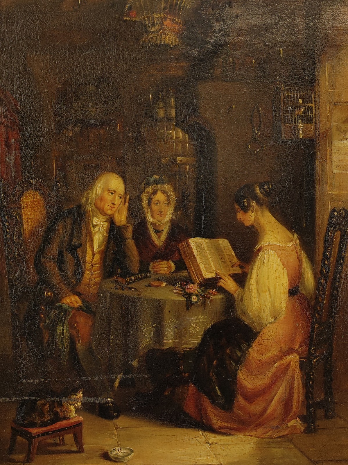 ANTIQUE 19TH C. INTERIOR GENRE SCHOOL OIL PAINTING ON CANVAS, «SUNDAY EVENING».